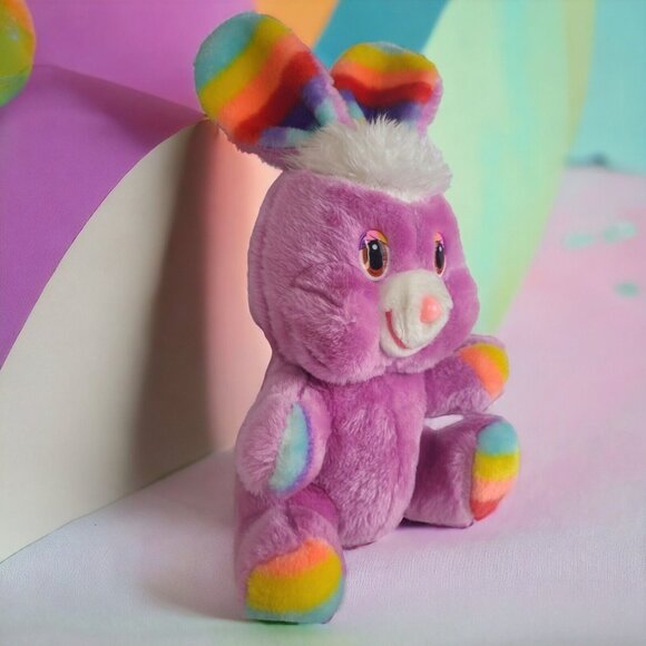 Stuffed Plush Rainbow Bunny Vintage Pink Smiling Rabbit By Animal‎ Toy 1984 Rare - Picture 2 of 14